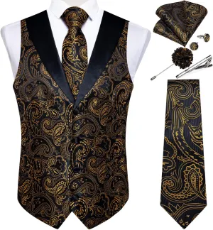 DiBanGu Mens Paisley Suit Vest Silk Jacquard Waistcoat and Necktie Set Formal Shawl Collar Dress Vest 7PCS for Wedding Party