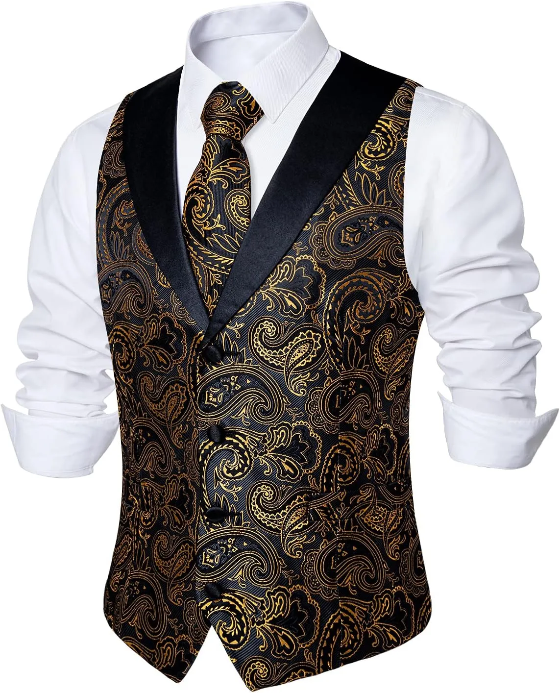 DiBanGu Mens Paisley Suit Vest Silk Jacquard Waistcoat and Necktie Set Formal Shawl Collar Dress Vest 7PCS for Wedding Party
