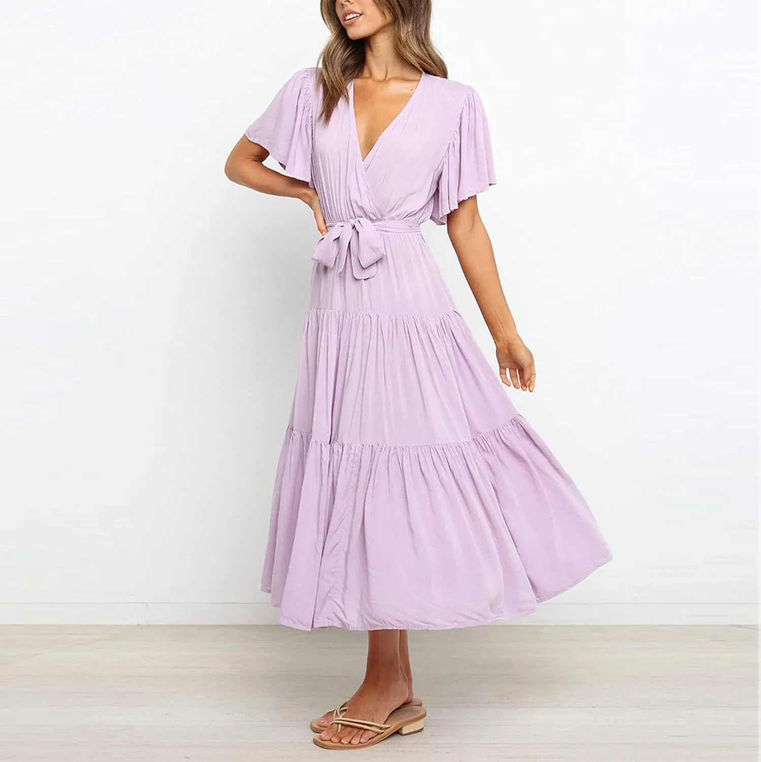 Dresses for Women Spring Wrap Dress Ruffle Short Sleeve V Neck Midi Dress Tiered Fashion Dress Summer with Belt