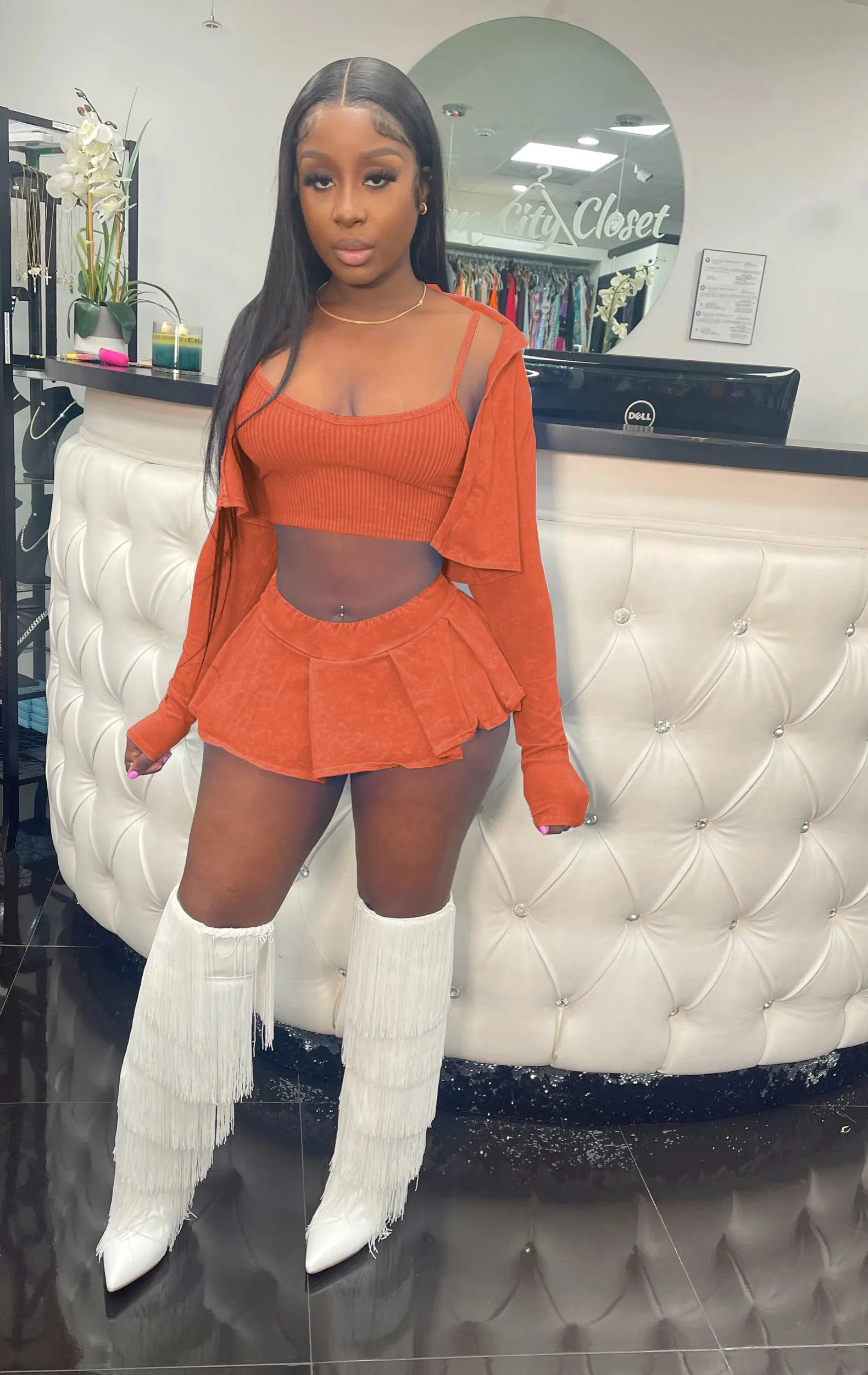 Fashion Women Washed Printed Shirt Vest and Short skirt Three-piece Set Sexy Long Sleeves Coat Casual Pleats Mini Skirt