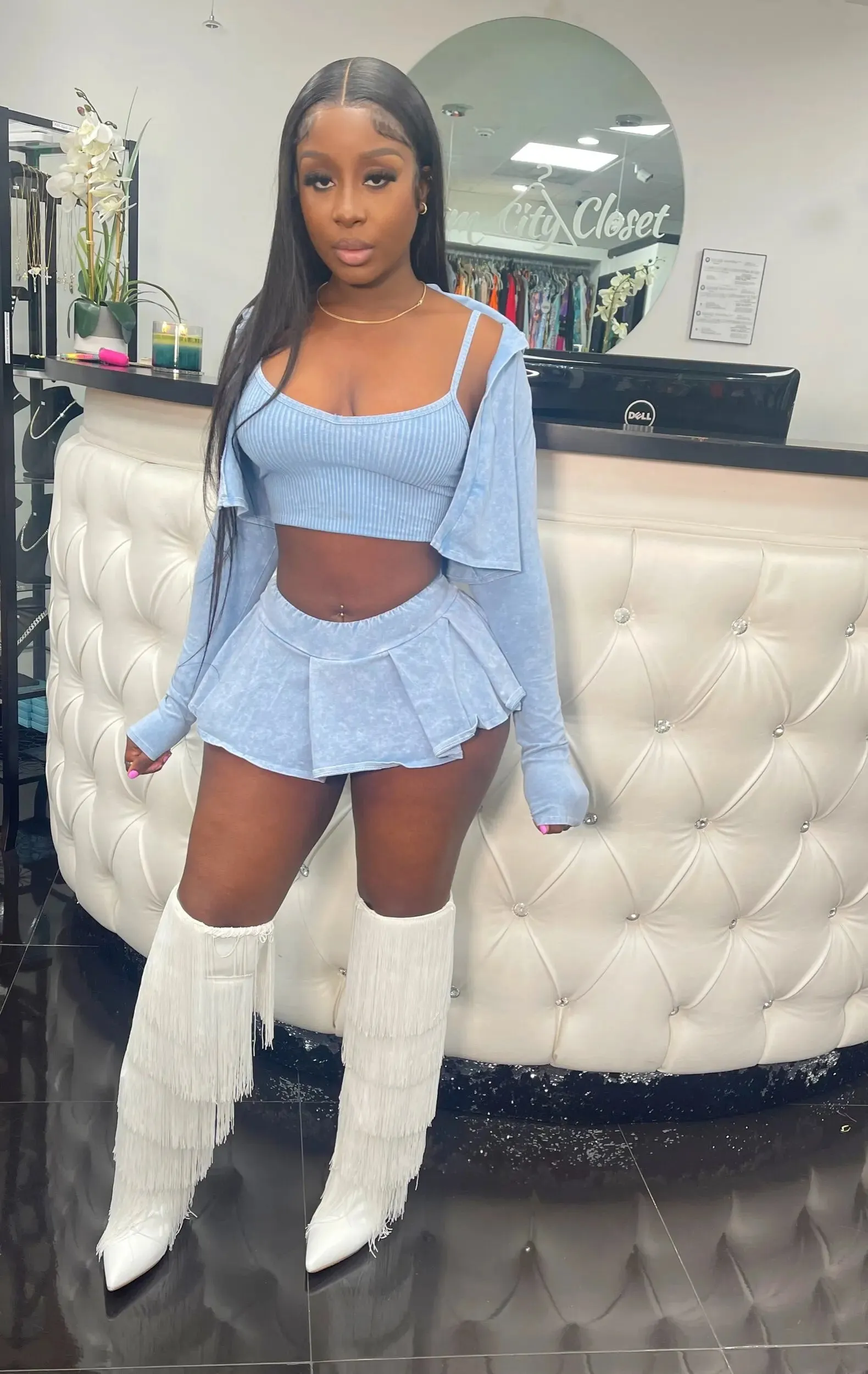 Fashion Women Washed Printed Shirt Vest and Short skirt Three-piece Set Sexy Long Sleeves Coat Casual Pleats Mini Skirt