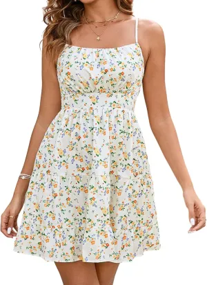 Floral Mini Dress Spaghetti Strap Square Neck A Line Cute Sundress Beach Summer Dresses for Women 2025