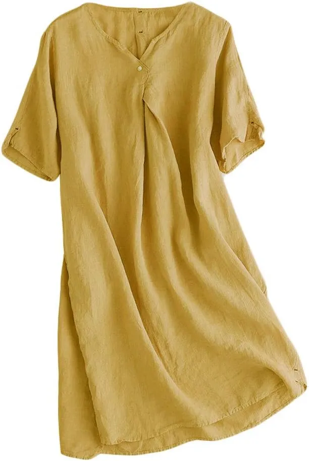 FTCayanz Women's Summer Tunic Dress V Neck Casual Loose Midi Dresses with Pockets