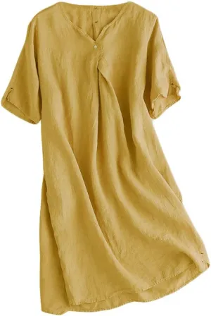 FTCayanz Women's Summer Tunic Dress V Neck Casual Loose Midi Dresses with Pockets