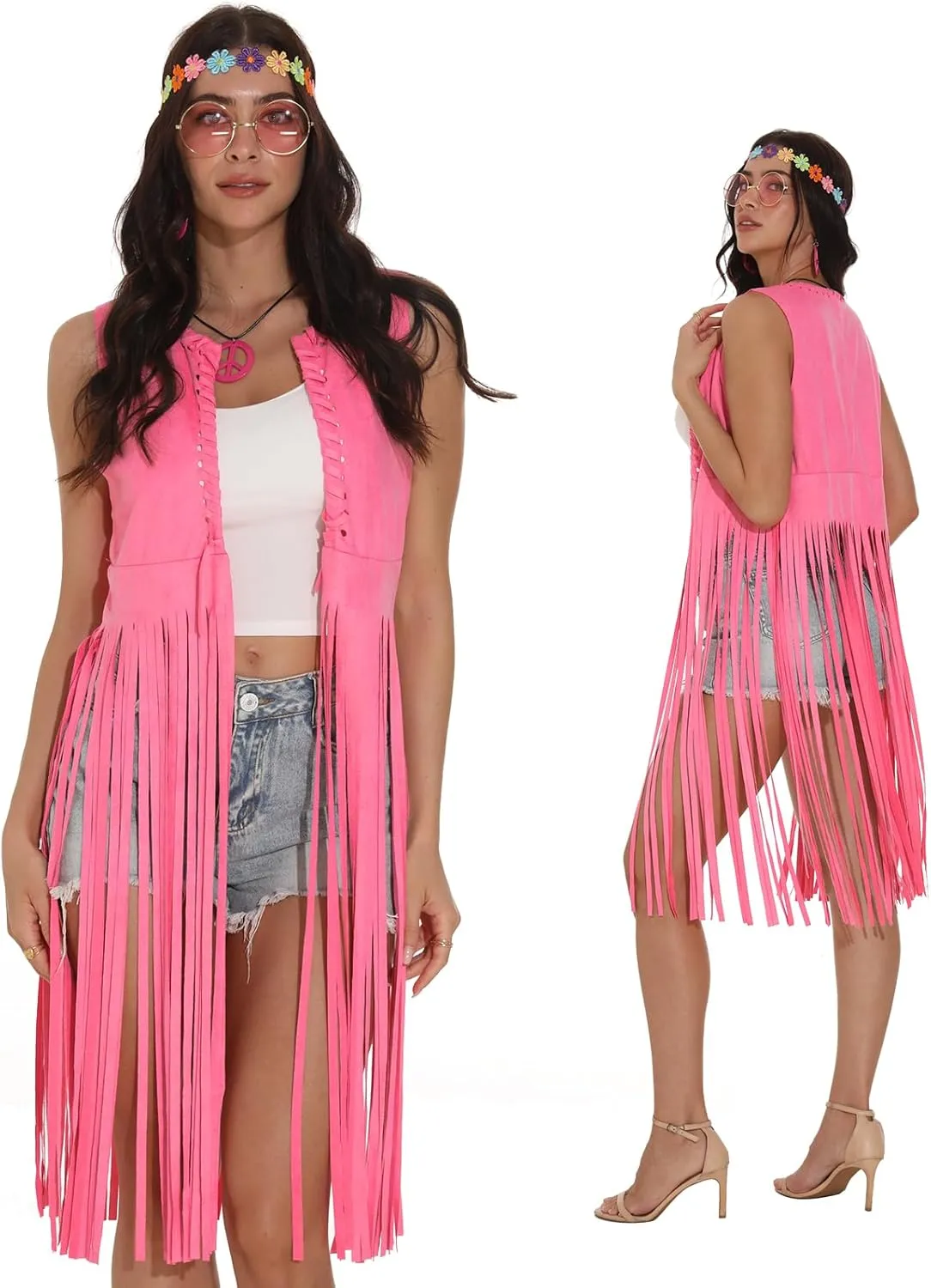 FunMular 60s 70s Outfits for Women Disco Hippie Costume Clothes Woman Peace Sign Earring Fringe Vest Tassel Cardigan