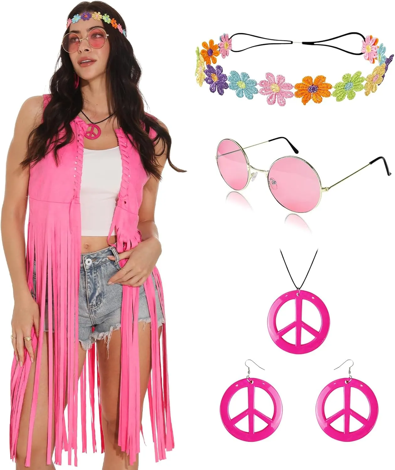 FunMular 60s 70s Outfits for Women Disco Hippie Costume Clothes Woman Peace Sign Earring Fringe Vest Tassel Cardigan