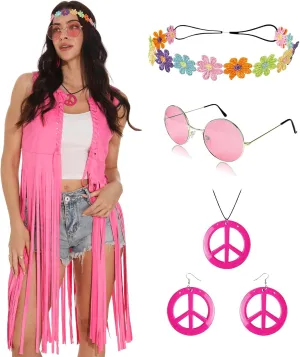 FunMular 60s 70s Outfits for Women Disco Hippie Costume Clothes Woman Peace Sign Earring Fringe Vest Tassel Cardigan