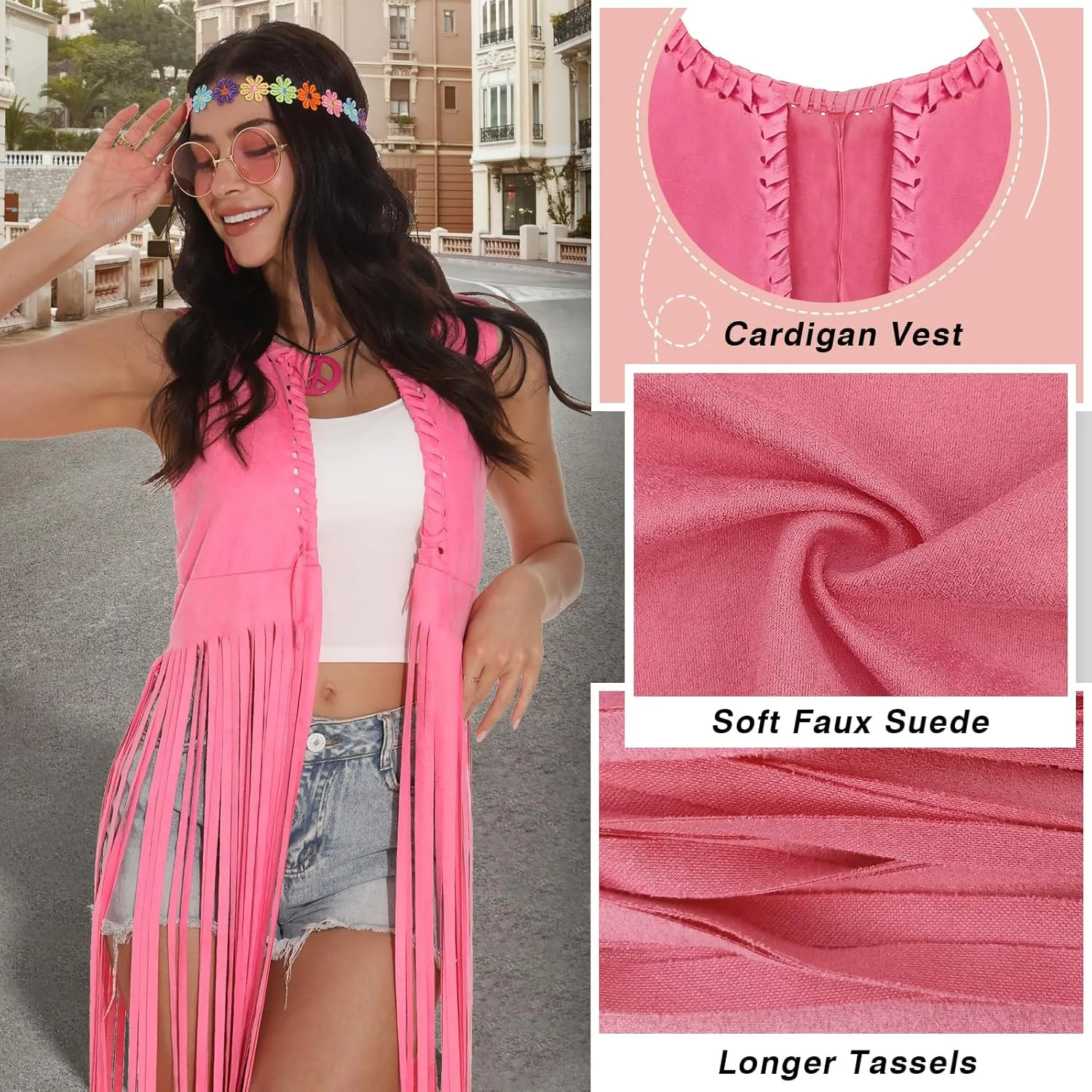 FunMular 60s 70s Outfits for Women Disco Hippie Costume Clothes Woman Peace Sign Earring Fringe Vest Tassel Cardigan