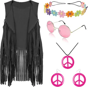 FunMular 60s 70s Outfits for Women Disco Hippie Costume Clothes Woman Peace Sign Earring Headband Fringe Vest Tassel Cardigan