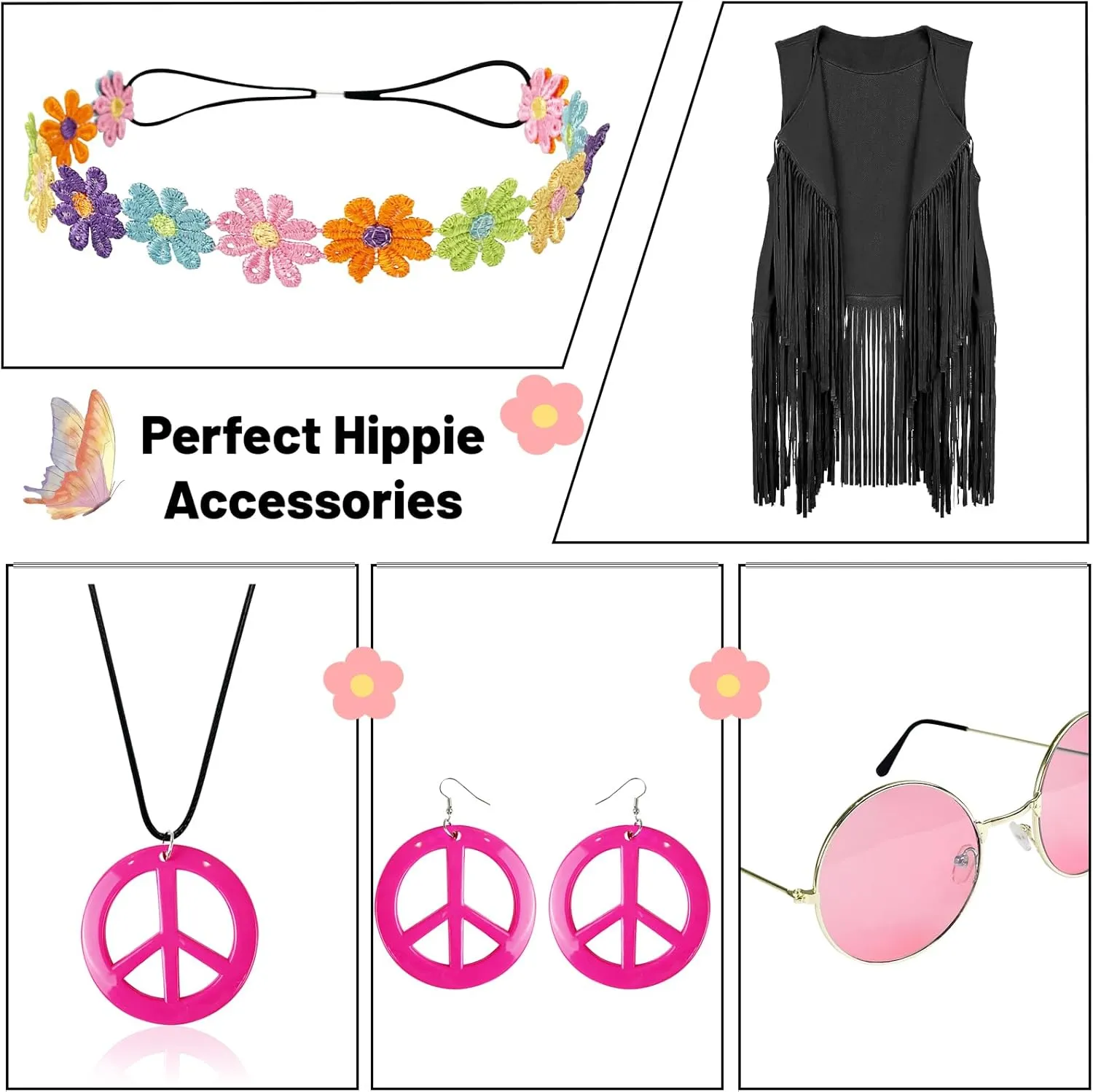 FunMular 60s 70s Outfits for Women Disco Hippie Costume Clothes Woman Peace Sign Earring Headband Fringe Vest Tassel Cardigan