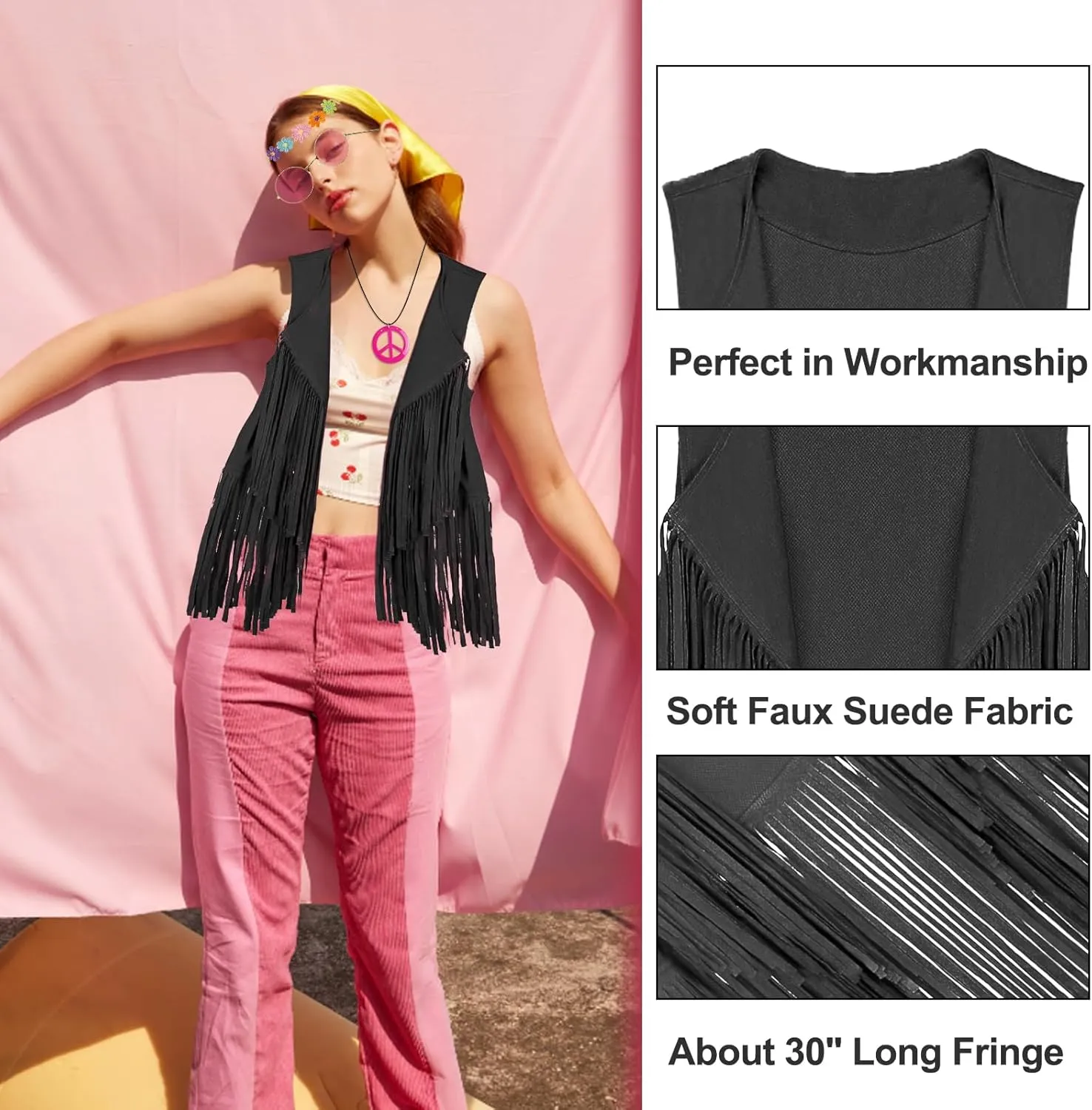 FunMular 60s 70s Outfits for Women Disco Hippie Costume Clothes Woman Peace Sign Earring Headband Fringe Vest Tassel Cardigan