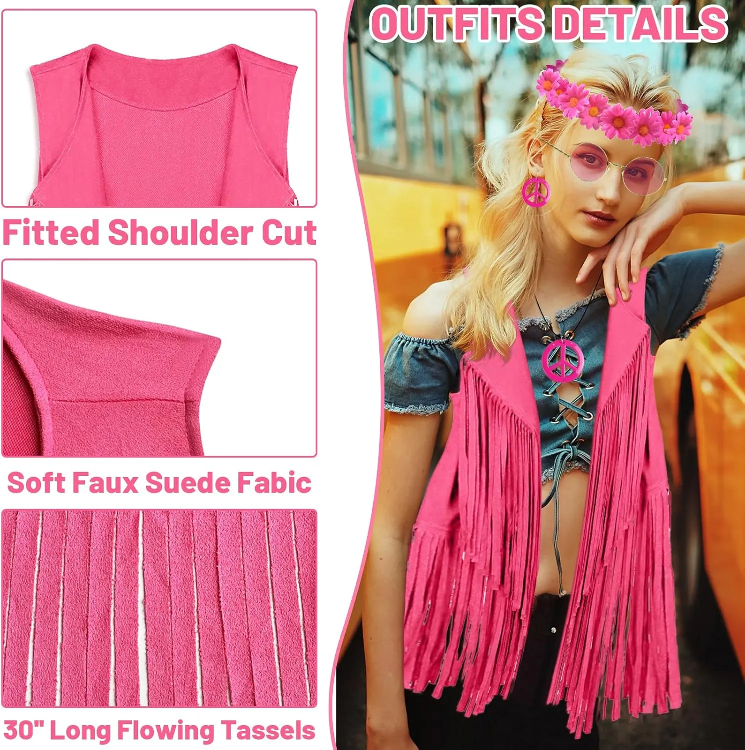 IncreDecor 60s 70s Outfits for Women Hippie Costume Accessories Peace Sign Earrings and Headband, Fringe Vest Cardigan Set