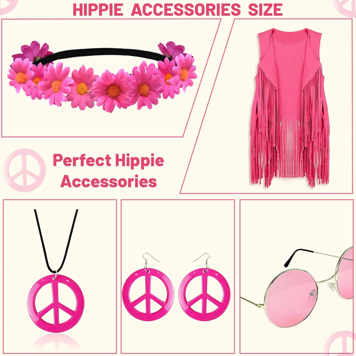 IncreDecor 60s 70s Outfits for Women Hippie Costume Accessories Peace Sign Earrings and Headband, Fringe Vest Cardigan Set
