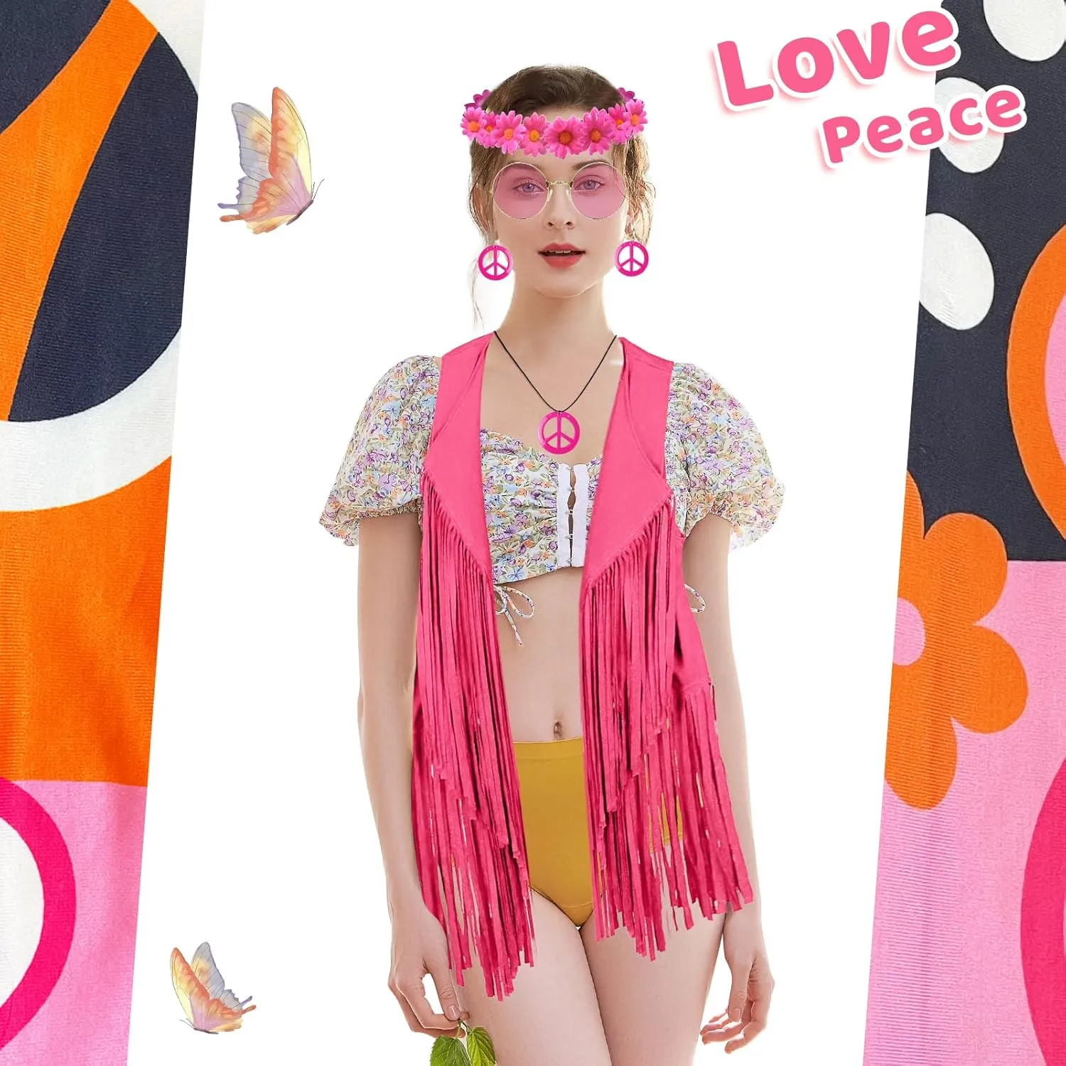 IncreDecor 60s 70s Outfits for Women Hippie Costume Accessories Peace Sign Earrings and Headband, Fringe Vest Cardigan Set