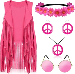 IncreDecor 60s 70s Outfits for Women Hippie Costume Accessories Peace Sign Earrings and Headband, Fringe Vest Cardigan Set