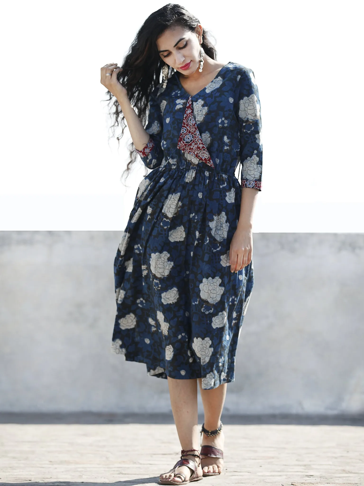 Indigo Black Ivory Maroon Hand Block Printed Cotton Angrakha Dress With Elasticated Waist - D96F882