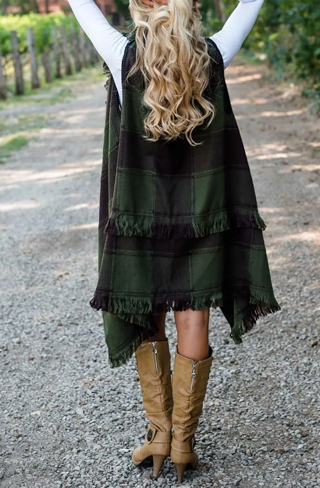 Inorin Womens Sleeveless Plaid Asymmetrical Hem Tassel Drape Open Front Cardigan Vest