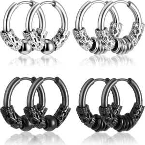 Junkin 4 Pairs 14mm Men Hoop Earrings Huggie Hinged Hoop Earrings Stainless Steel Circle Beads Earrings for Men Women, Black, Silver