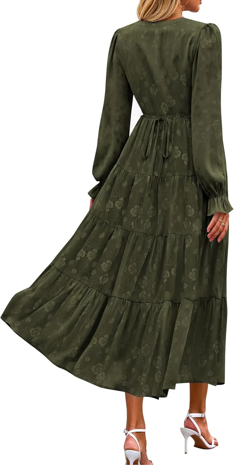 KIRUNDO Dresses for Women 2025 Elegant Classy Wedding Guest Maxi Long Sleeve Empire Waist Ruffle Tiered A Line Long Dress