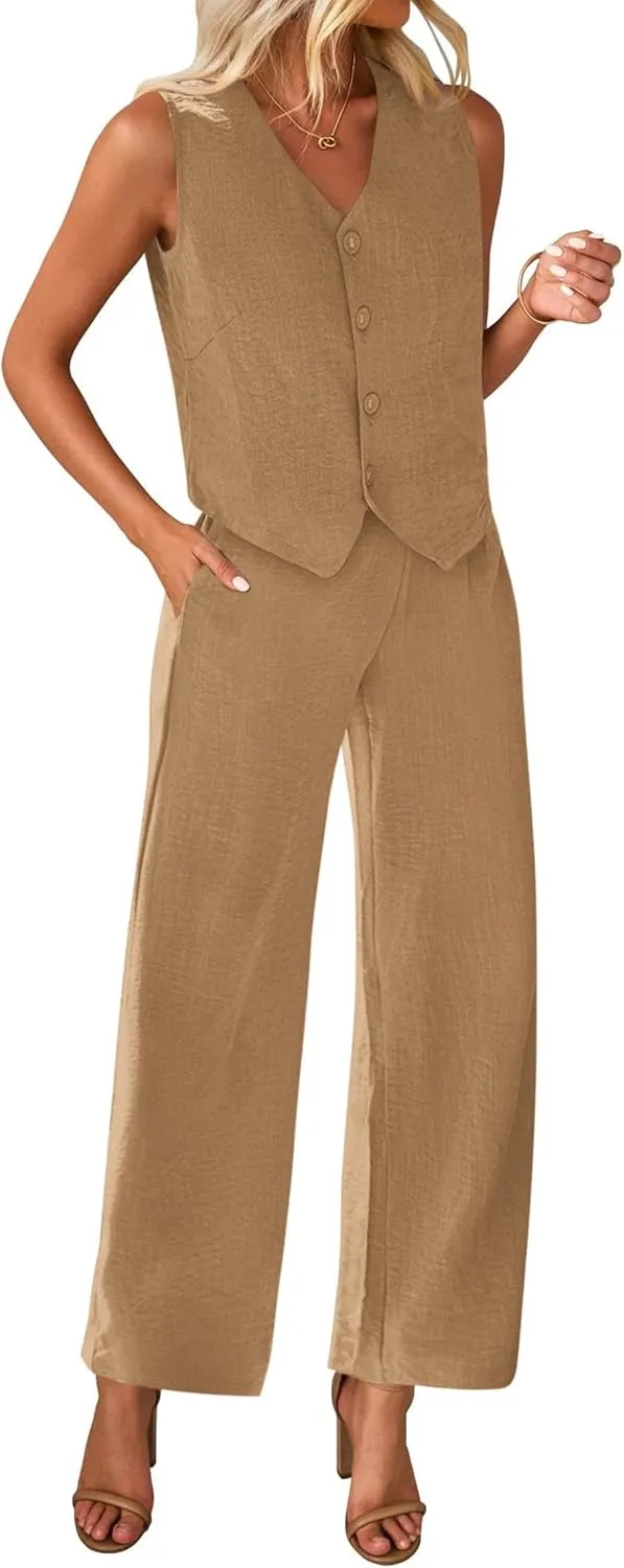 KIRUNDO Womens Two Piece Outfits Summer Fashion Button V Neck Crop Vest Blazer and Wide Leg Pants Suit Matching Sets