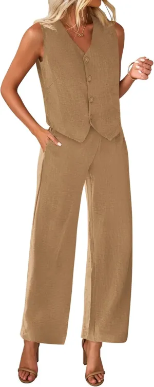 KIRUNDO Womens Two Piece Outfits Summer Fashion Button V Neck Crop Vest Blazer and Wide Leg Pants Suit Matching Sets