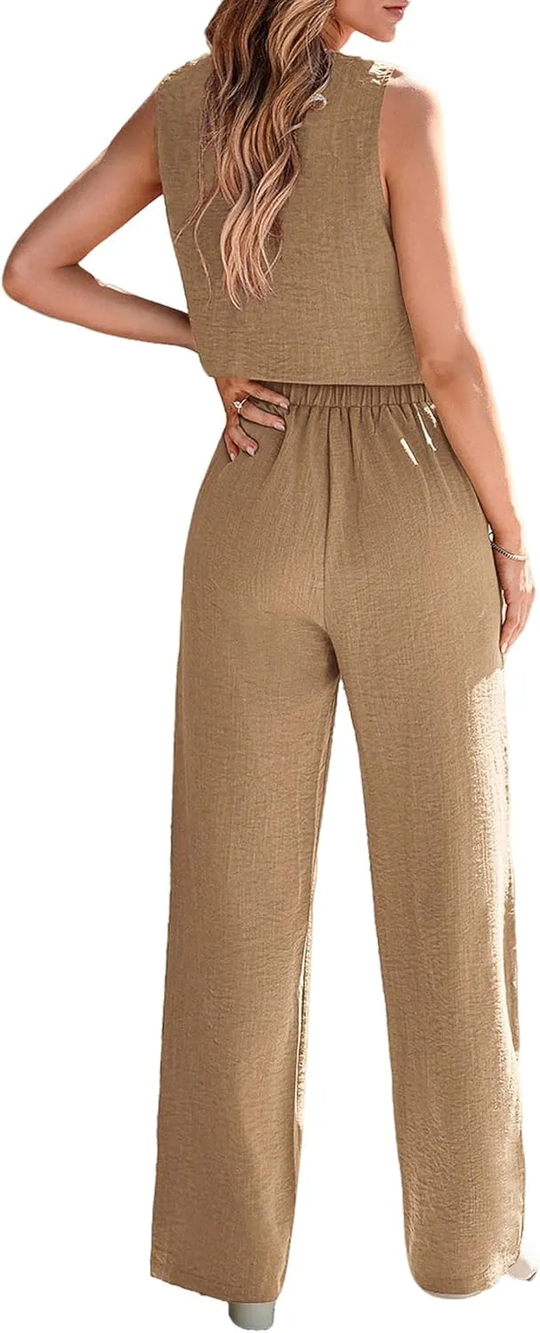 KIRUNDO Womens Two Piece Outfits Summer Fashion Button V Neck Crop Vest Blazer and Wide Leg Pants Suit Matching Sets