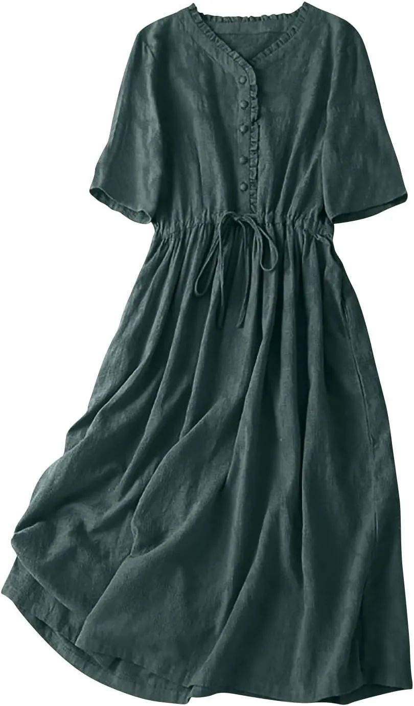 Linen Dresses for Women 2025 Summer Casual Long Maxi Dress Short Sleeve Button Down Shirt Sundresses Boho Beach Dress