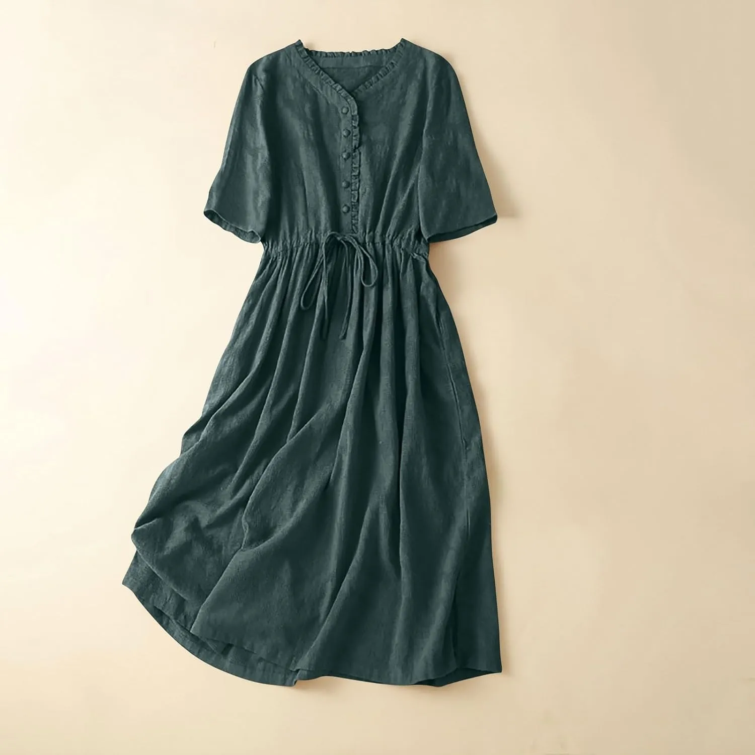 Linen Dresses for Women 2025 Summer Casual Long Maxi Dress Short Sleeve Button Down Shirt Sundresses Boho Beach Dress