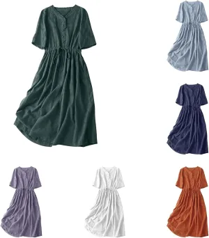 Linen Dresses for Women 2025 Summer Casual Long Maxi Dress Short Sleeve Button Down Shirt Sundresses Boho Beach Dress
