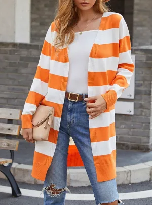 Long Contrast Striped Cardigan Sweater