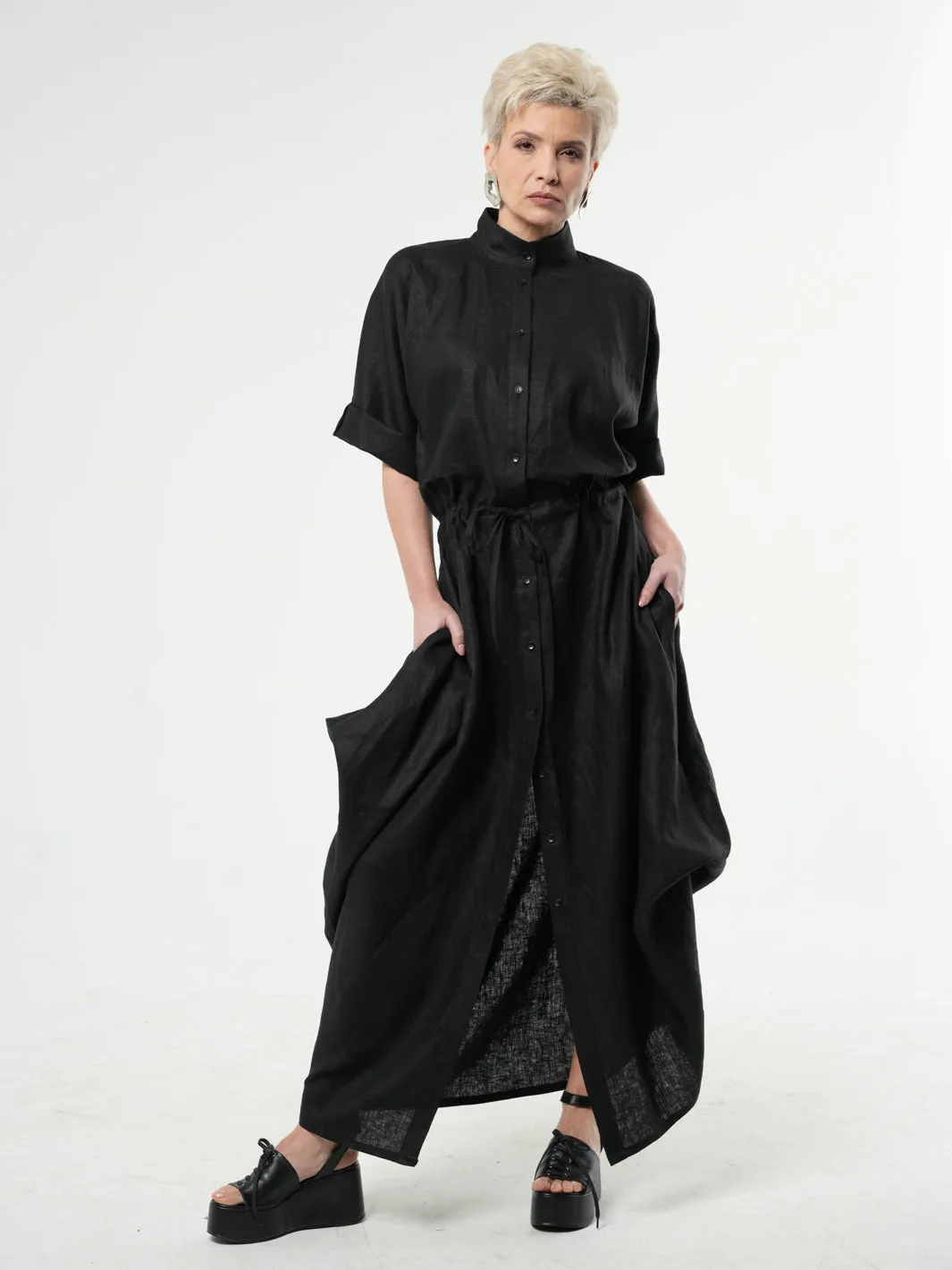 Long Linen Shirt Dress in Black