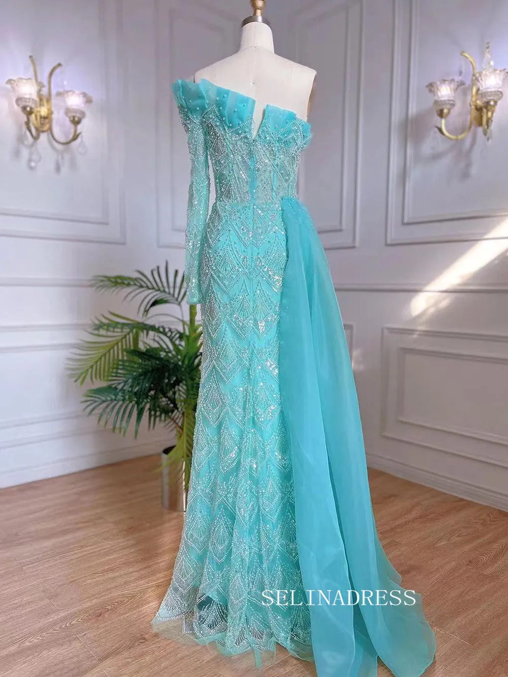 Luxury Sheath One Shoulder Beaded Prom Dress With Long Sleeve Overskirt Evening Gowns LA71649
