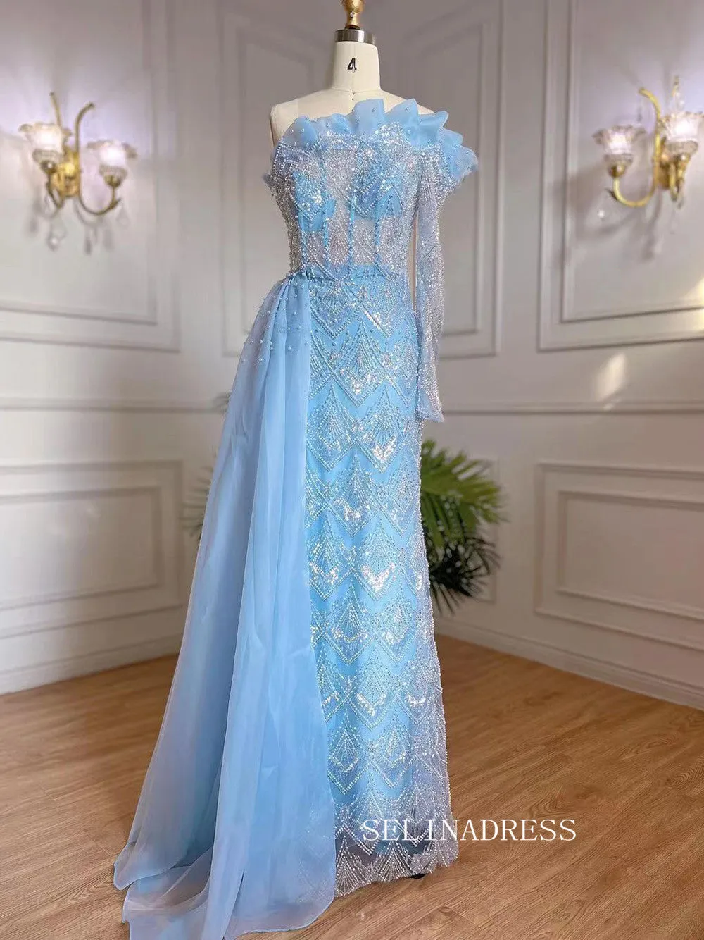 Luxury Sheath One Shoulder Beaded Prom Dress With Long Sleeve Overskirt Evening Gowns LA71649