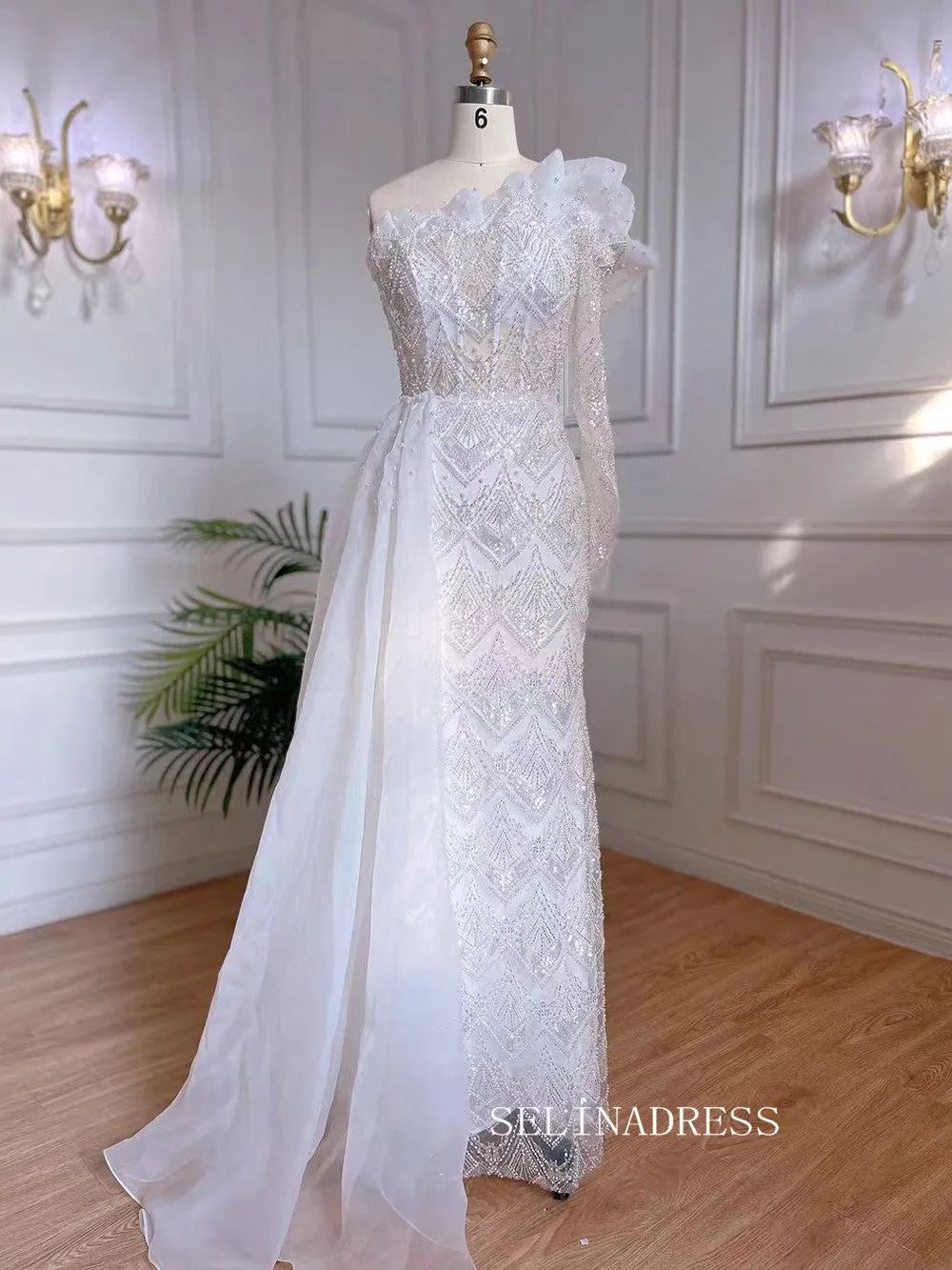 Luxury Sheath One Shoulder Beaded Prom Dress With Long Sleeve Overskirt Evening Gowns LA71649