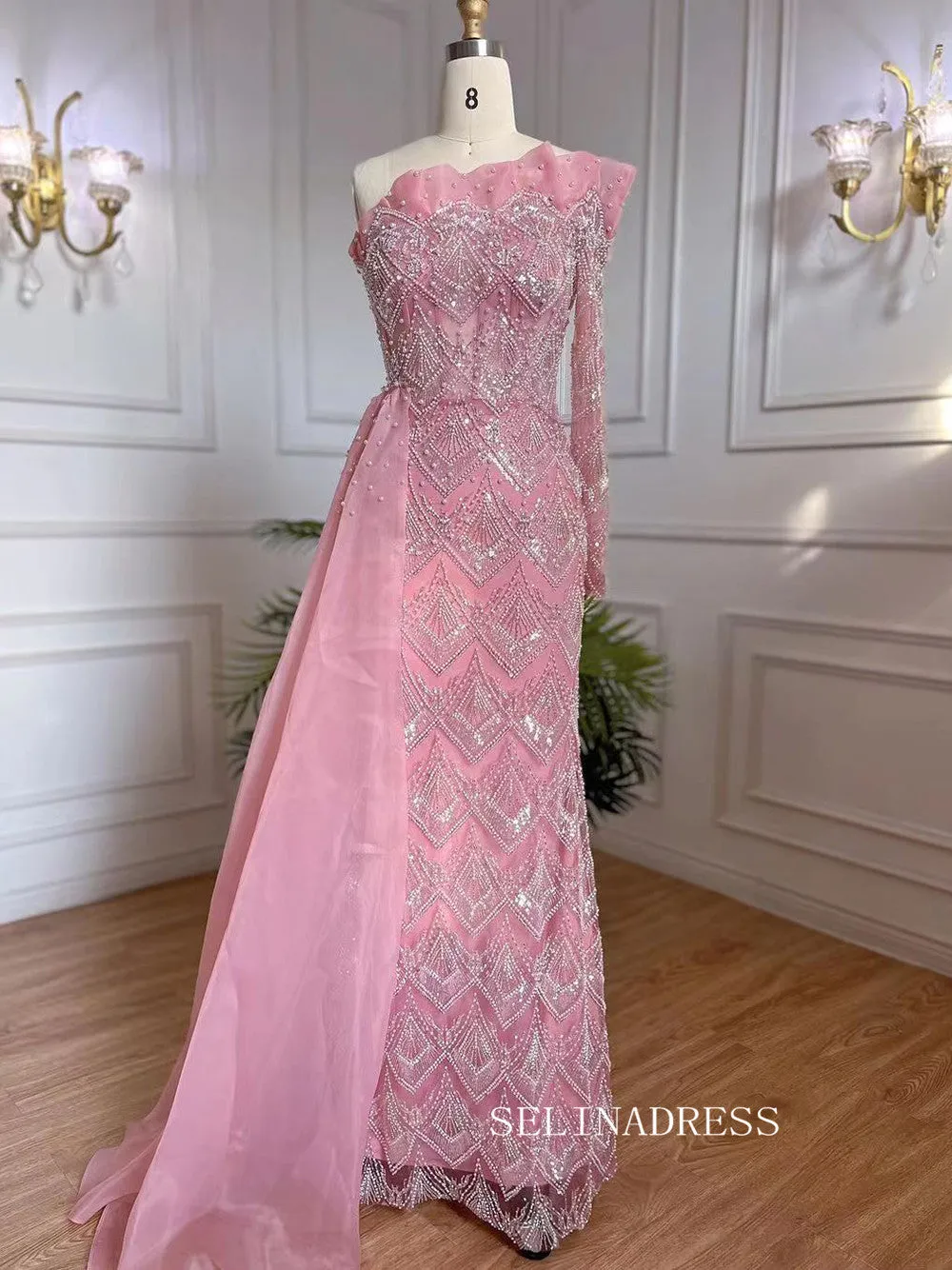 Luxury Sheath One Shoulder Beaded Prom Dress With Long Sleeve Overskirt Evening Gowns LA71649