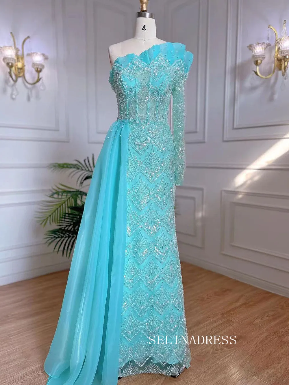 Luxury Sheath One Shoulder Beaded Prom Dress With Long Sleeve Overskirt Evening Gowns LA71649