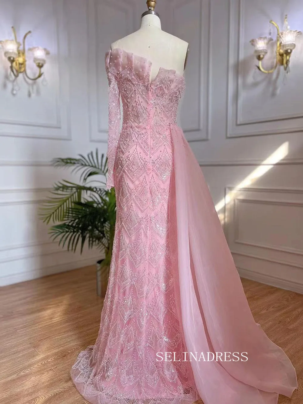Luxury Sheath One Shoulder Beaded Prom Dress With Long Sleeve Overskirt Evening Gowns LA71649