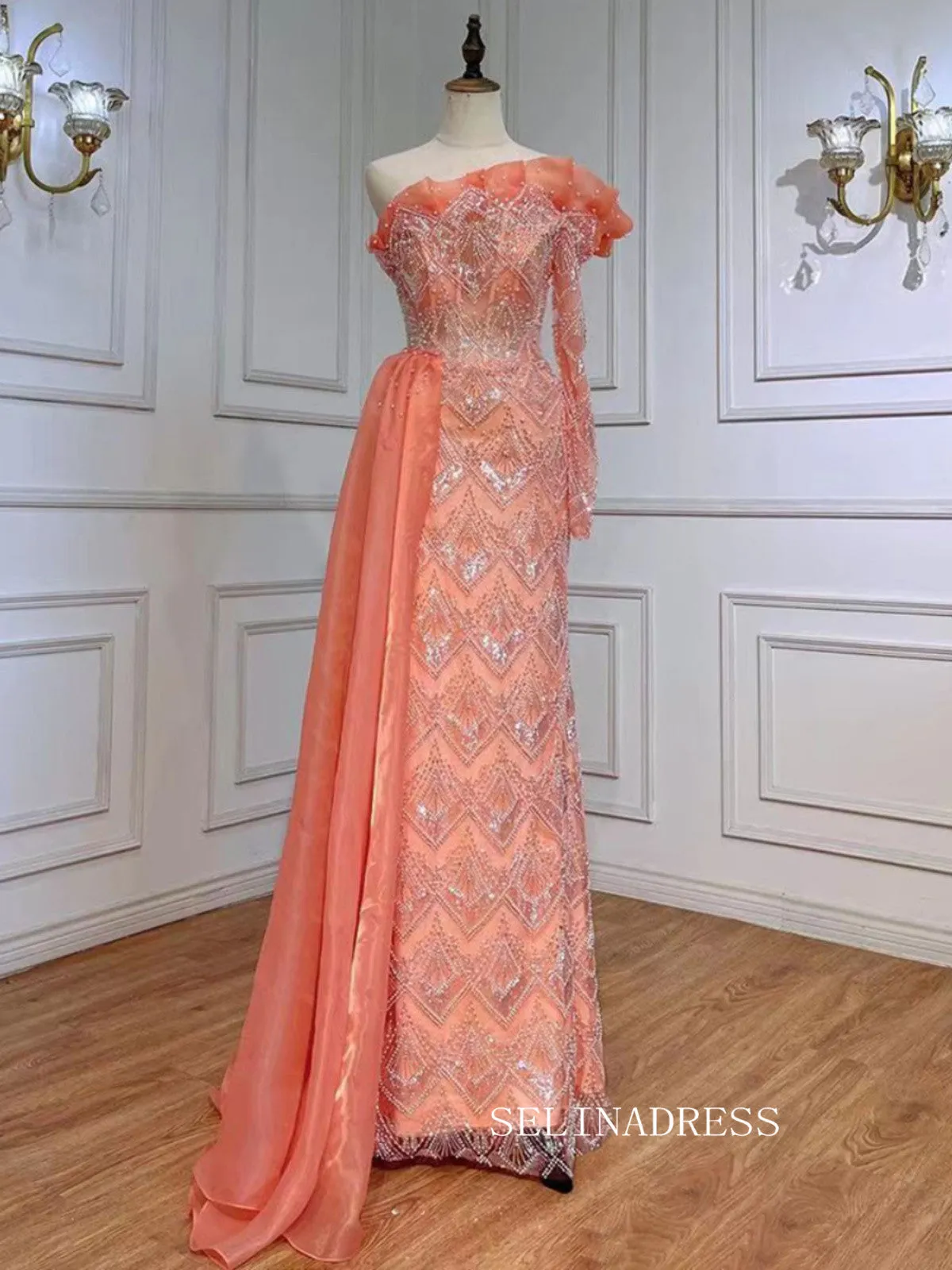 Luxury Sheath One Shoulder Beaded Prom Dress With Long Sleeve Overskirt Evening Gowns LA71649