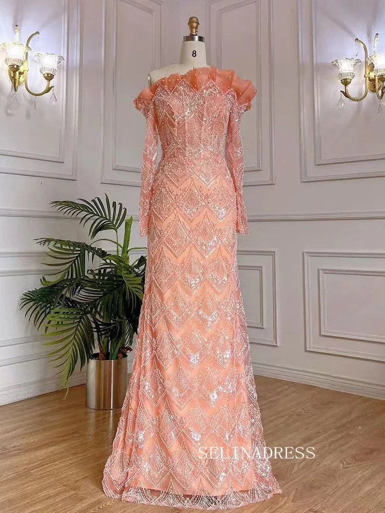 Luxury Sheath One Shoulder Beaded Prom Dress With Long Sleeve Overskirt Evening Gowns LA71649