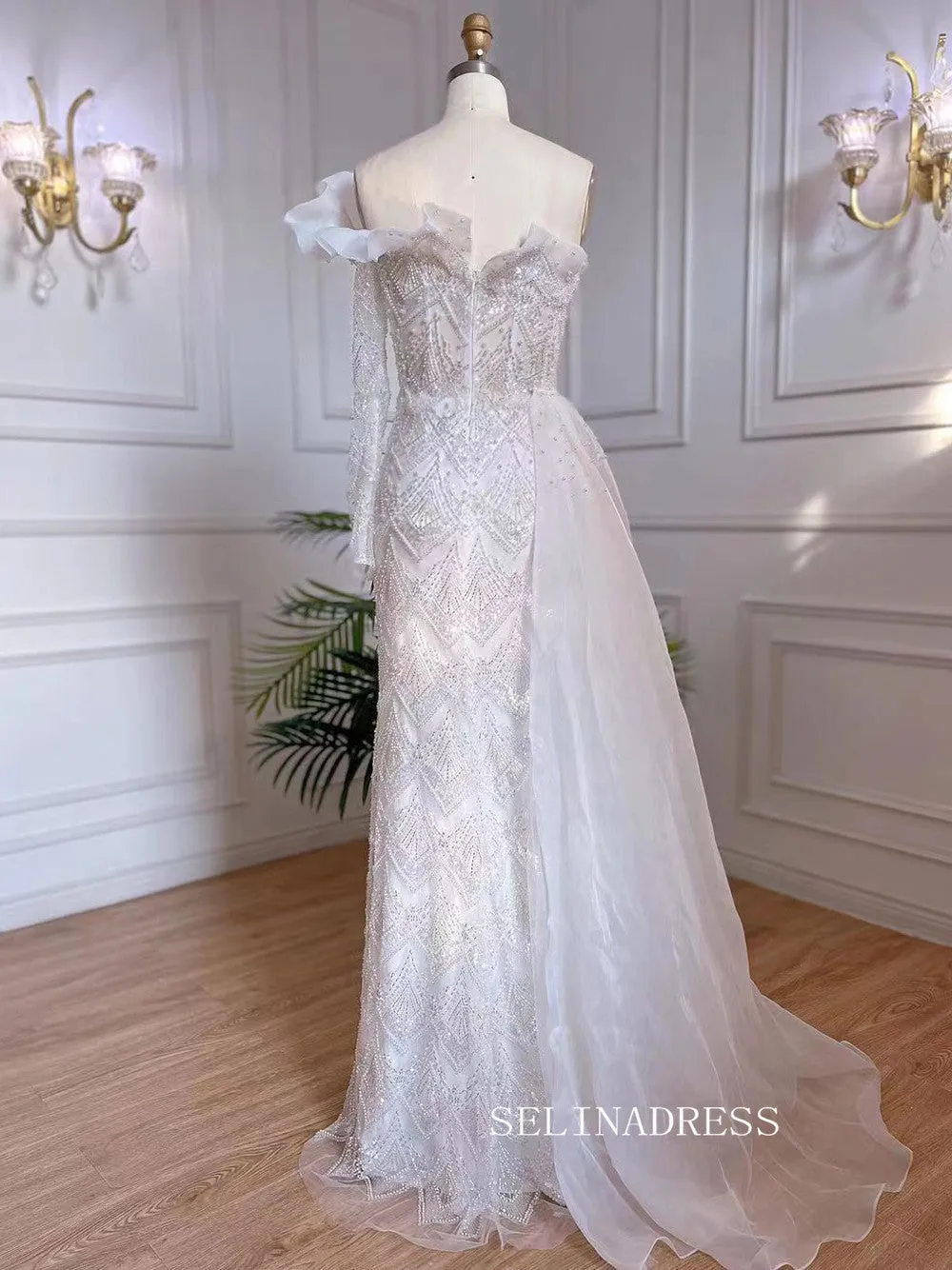 Luxury Sheath One Shoulder Beaded Prom Dress With Long Sleeve Overskirt Evening Gowns LA71649