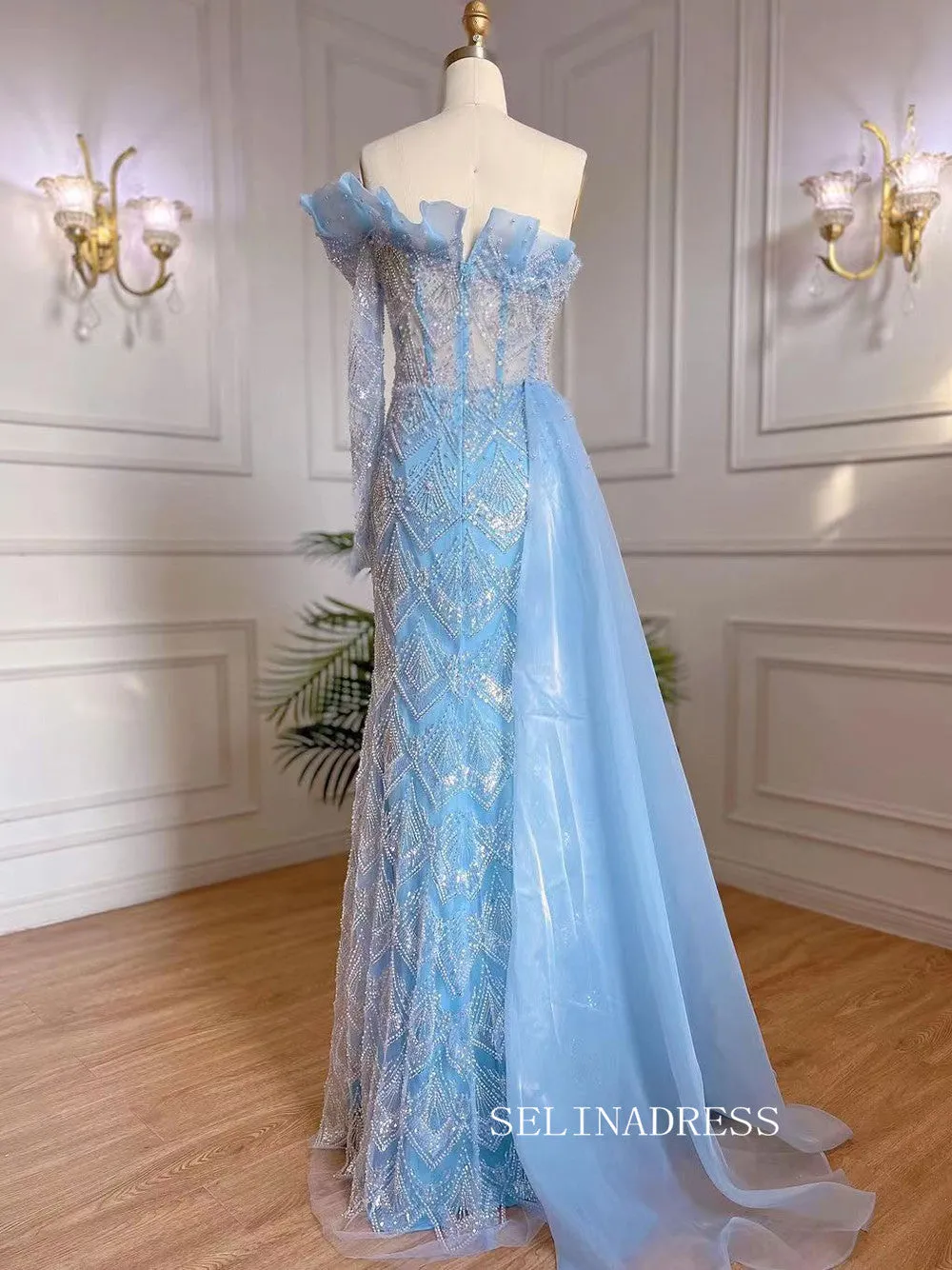 Luxury Sheath One Shoulder Beaded Prom Dress With Long Sleeve Overskirt Evening Gowns LA71649