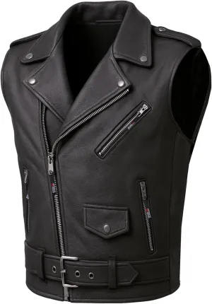 Men's Classic Cowhide Leather Motorcycle Biker Vest | Concealed Carry Gun Pockets | Vintage Cruiser Vest for Men | Stylish Club Riding Black S
