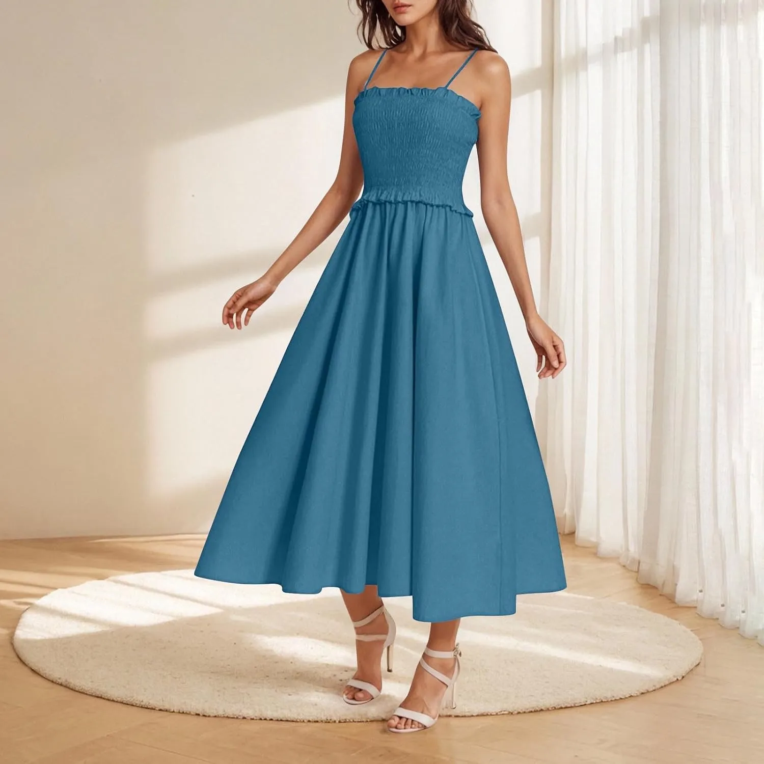 Midi Dresses for Women 2025 Summer Fashion Spaghetti Strap Slip Dress High Waisted Cocktail Party A Line Long Dress