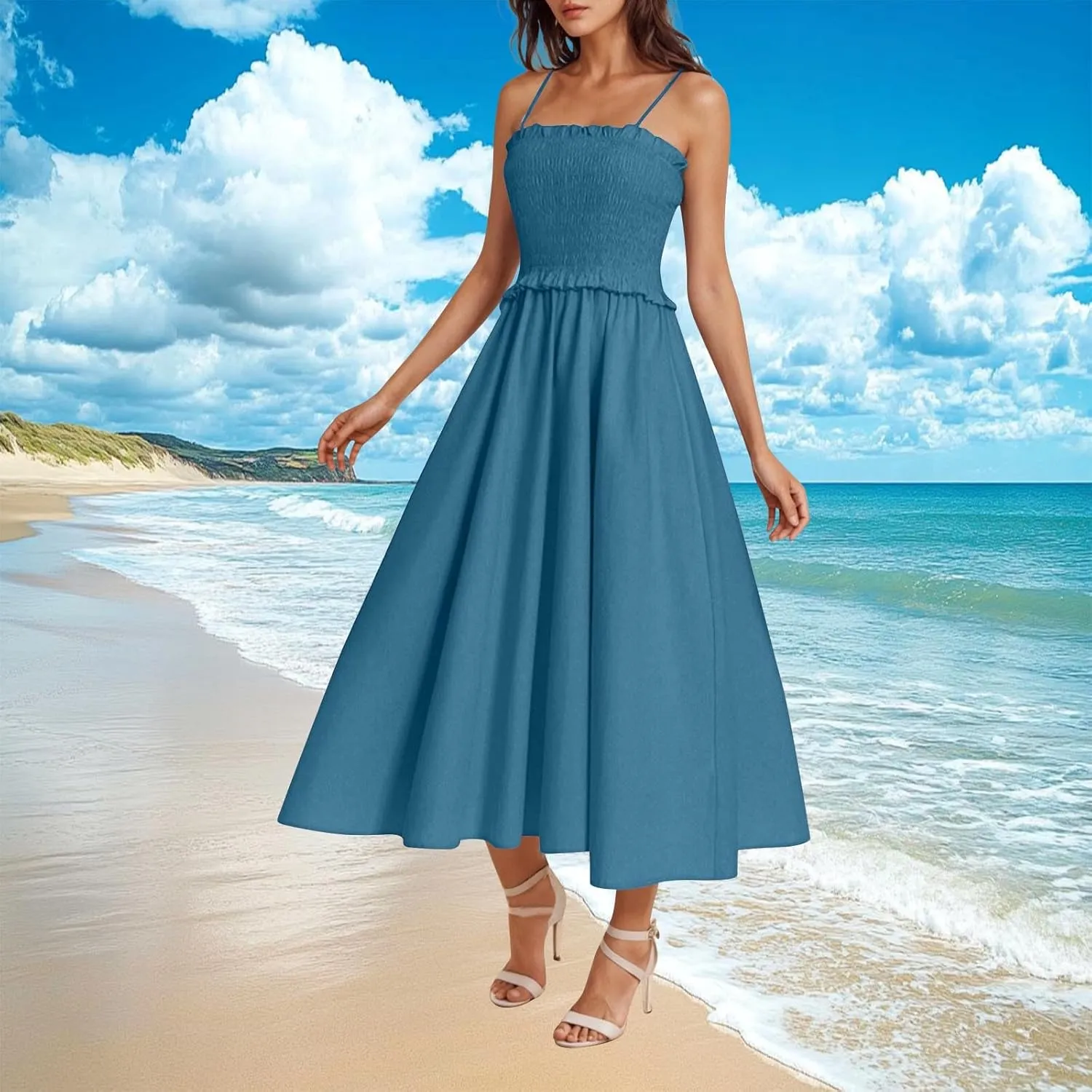 Midi Dresses for Women 2025 Summer Fashion Spaghetti Strap Slip Dress High Waisted Cocktail Party A Line Long Dress