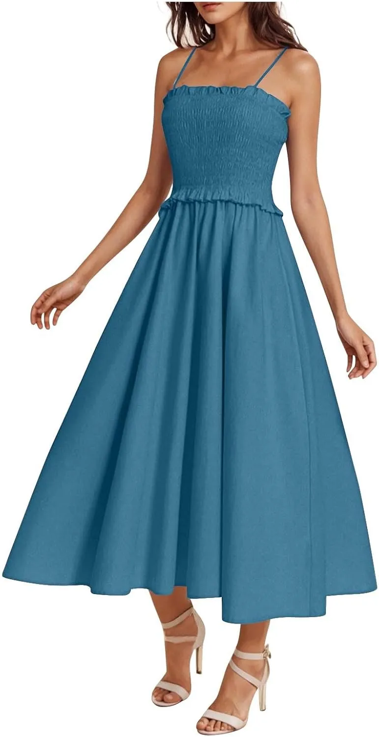 Midi Dresses for Women 2025 Summer Fashion Spaghetti Strap Slip Dress High Waisted Cocktail Party A Line Long Dress