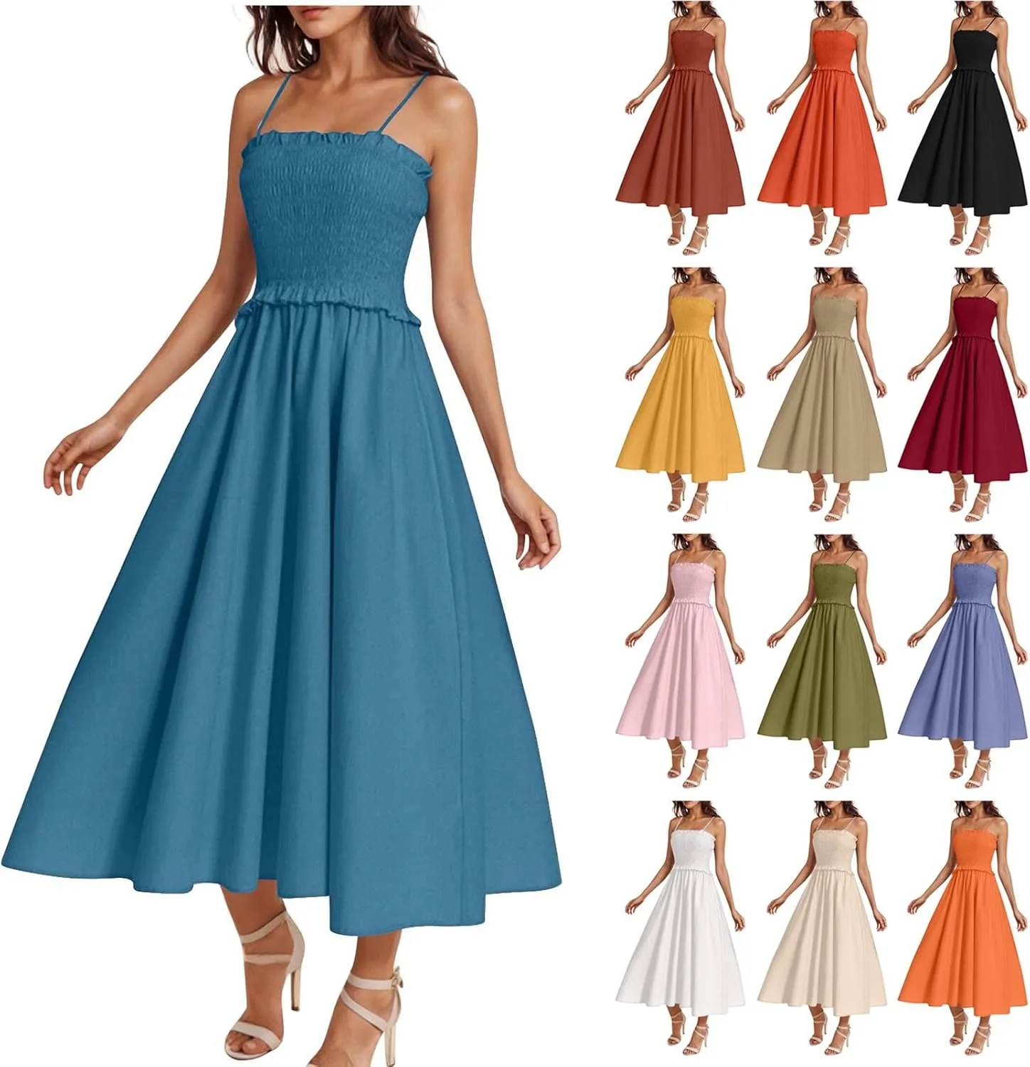 Midi Dresses for Women 2025 Summer Fashion Spaghetti Strap Slip Dress High Waisted Cocktail Party A Line Long Dress