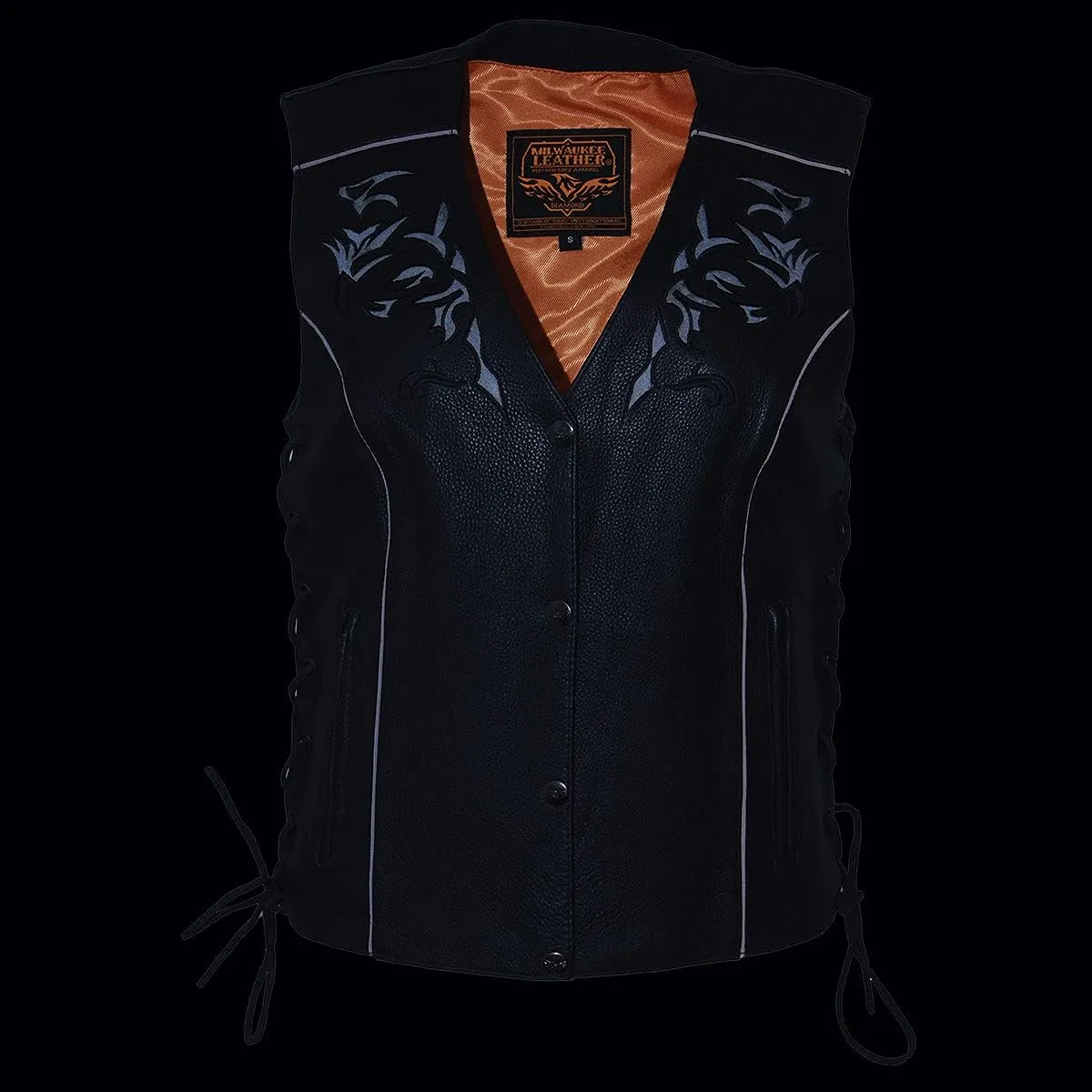 Milwaukee Leather ML1296 Women's Black Leather Side Laced Motorcycle Vest w/Reflective Tribal