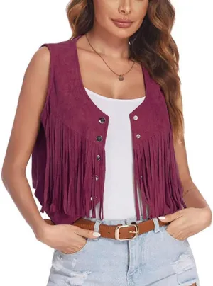 MINTLIMIT Women's Fringe Vest Sleeveless Tassel Jacket Faux Suede Rivets Western Cowgirl Waistcoat 70s Hippie Outfit