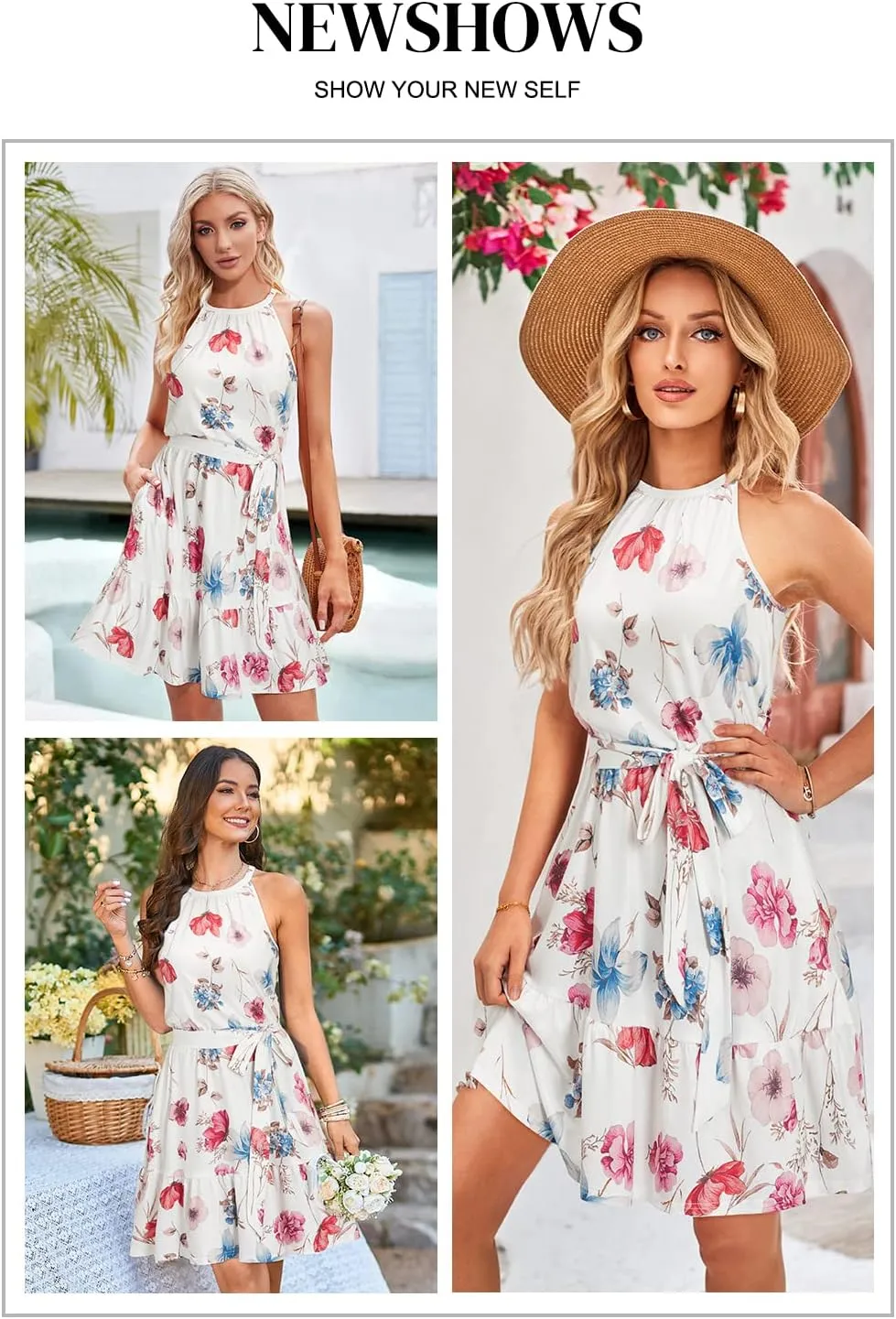 Newshows Womens 2025 Summer Dress Halter Wedding Guest Casual Beach Vacation Outfits Belted Sundresses with Pockets