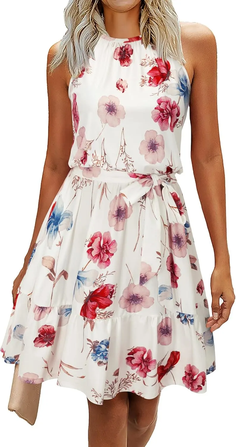 Newshows Womens 2025 Summer Dress Halter Wedding Guest Casual Beach Vacation Outfits Belted Sundresses with Pockets